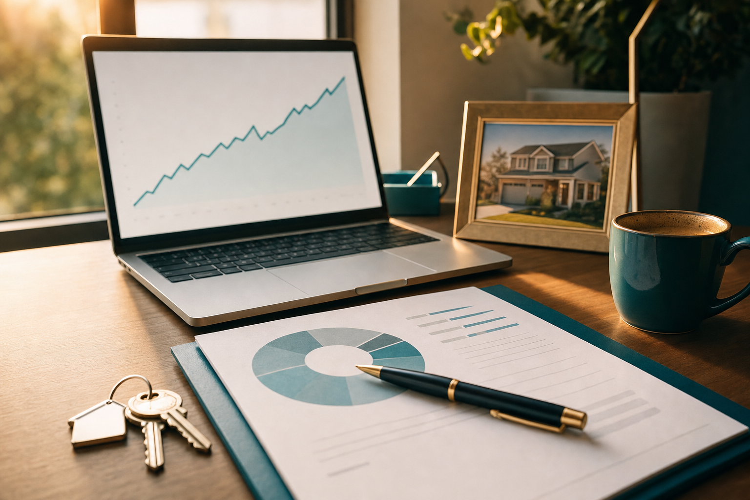 Credit Xperts consultant desk with credit report, rising score graph, and house keys